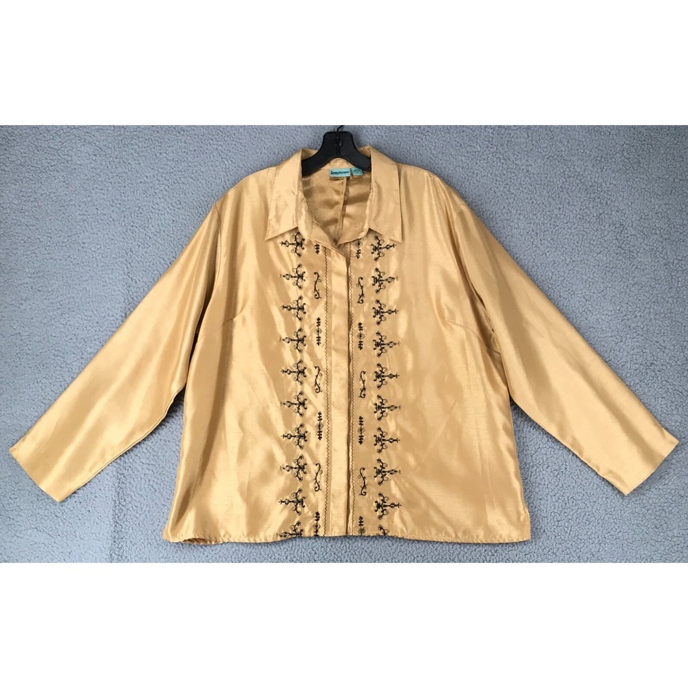 Sara Morgan Tunic Shirt Women Size XL Oriental Asian Embelished Long Sleeve Gold